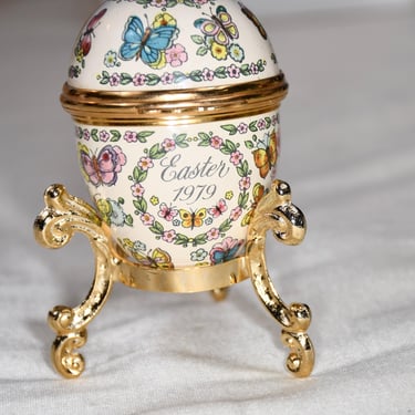 Bilston & Battersea Halcyon Days Enamel Easter 1979 Porcelain Egg Trinket Box Butterfly With Flowers No Box Brass Stand from Italy Included 