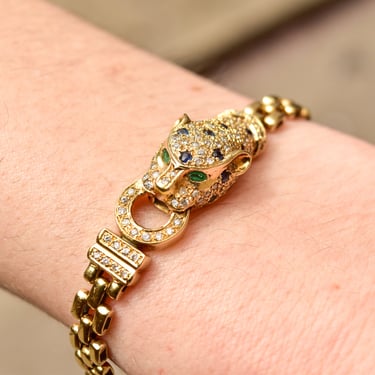 Diamond Sapphire Emerald Panther Head Link Bracelet In 18K Yellow Gold, 6mm Panther Link Chain, 7 1/8" L 