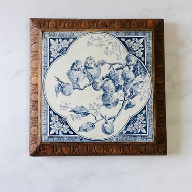 rare antique french Sarreguemines porcelain and wood "dessous plat"