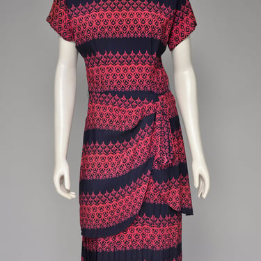 1940s navy and pink novelty print rayon dress M 