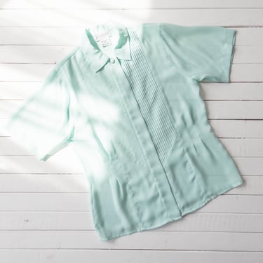 mint green blouse | 70s 80s vintage sea foam aqua pastel green sheer see through chiffon short sleeve shirt 