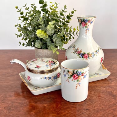 Vintage Floral Porcelain Vanity 4 Piece Set Dresser Decor Vanity Tray, Vase, Powder/Cotton Hinged Dish, Cup Roses Gold Trimmed Japan 