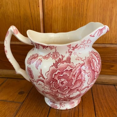 English Chippendale Johnson Bros. 24oz. Pink Red Flowers Pitcher England 1935-65 Garden Transferware for a Floral Countryside Tea Party 