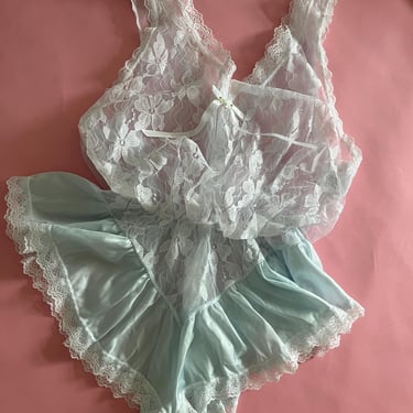 VTG 80s Nylon Baby Blue Lace Teddy 