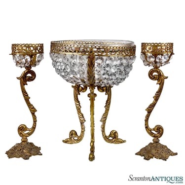 Vintage Rococo Baroque Brass & Crystal Centerpiece Pedestal Bowl w/ 2 Candlestic