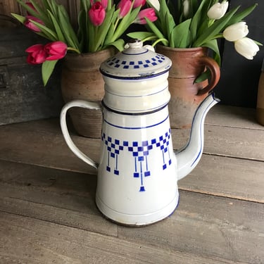 French Enamel Café Coffee Pot, Blue Lustucru, Blue White Check, French Farmhouse Decor 