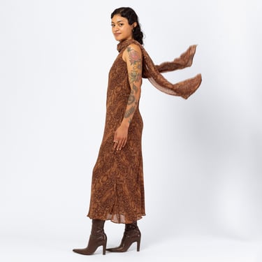 Vintage 90s Chetta B Snakeskin Maxi Scarf Dress - Small | Designer Slinky Bias Cut Brown Animal Print Convertible Evening Gown 