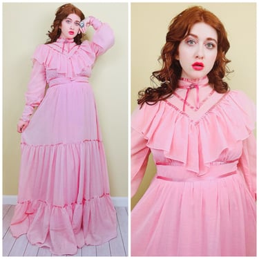 1970s Vintage Magical Pink Cotton Voile Prairie Dress / 70s Ruffled High Neck Rosette Collar Fairy Gown / Size Medium - Large 