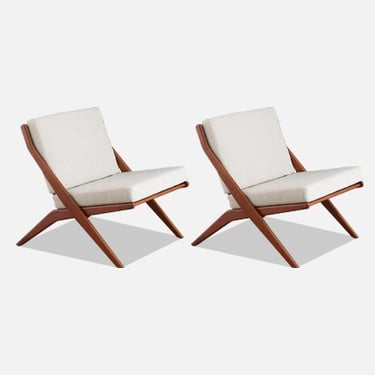 Folke Ohlsson Teak & Tweed Scissor Lounge Chairs for Dux
