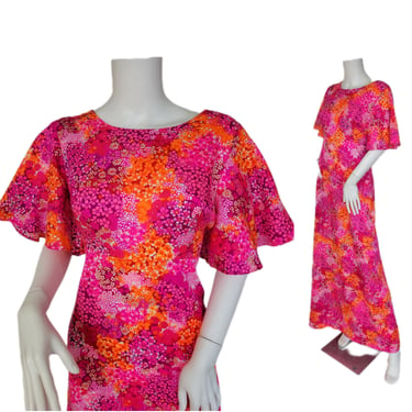 1970's Pink Floral Hawaiian Print Maxi Dress I Sz Lrg I Hukilau Fashions 