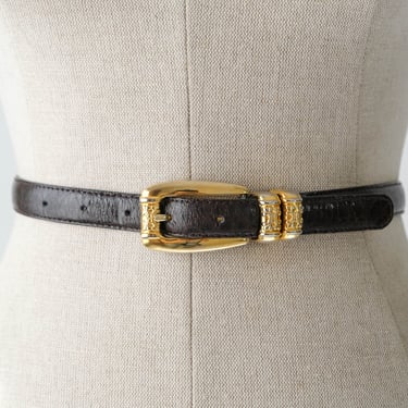 Vintage 80s Code Azure Espresso Brown Crocodile Embossed Skinny Leather Belt | Made in Italy | 100% Genuine Leather | 1980s Designer Belt 