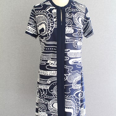 1970s - Berkshire - Zip Front - Navy Blue - Op Art - Day Dress - Marked size 16 