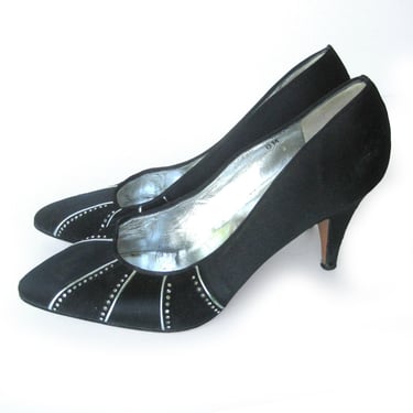 Woman's Vintage Shoes, Black Satin and Suede Pumps with Rhinestones, High Heels for Formal Occasion, Made in Italy 