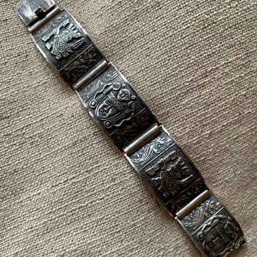 Vintage Sterling Bracelet - Tribal Warrior Designs - 925 Sterling - Handmade in Peru - Box Clasp - Size Small - 6-7/8 Inches 