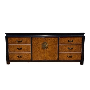 Vintage Chinoiserie Dresser by Century Chin Hua - 76" Long Black & Burl Wood 9 Drawer Hollywood Regency Credenza Oriental Asian Furniture 