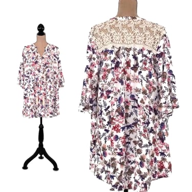 Flowy Floral Mini Dress, Bell Sleeve Boho Dress, White Pink & Purple Print, Short Summer Dress, Loose Fitting Romantic Hippie Clothes Women 