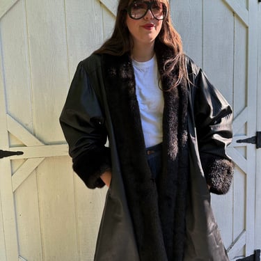Fur Shawl Black Leather Coat 