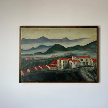 1970's Vintage Hispanic Village - Fog Sunrise Landscape Impressionist Oil Painting, Signed 