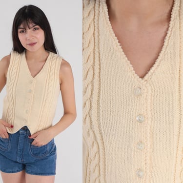 Cream Sweater Vest 80s Button Up Cable Knit Tank Top V Neck Sleeveless Sweater Preppy Neutral Layering Knitwear Vintage 1980s Acrylic XS 