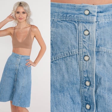 Denim Pearl Snap Skirt 80s Blue Jean Button up Mini Skirt High Waisted A Line Retro Western A-Line Basic Summer Casual Vintage 1980s 2xs 23 