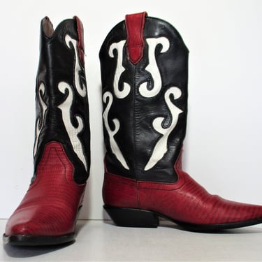 Vintage Nine West Cowgirl Boots, 6M Women, Red White Black Leather, Cowboy Western 