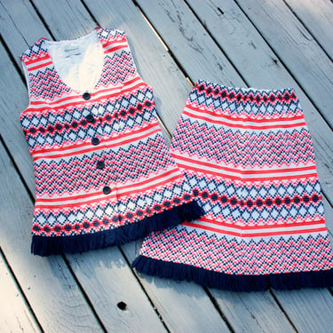60s Mod Knit Red White and Blue Skirt and Vest Set Size XS 
