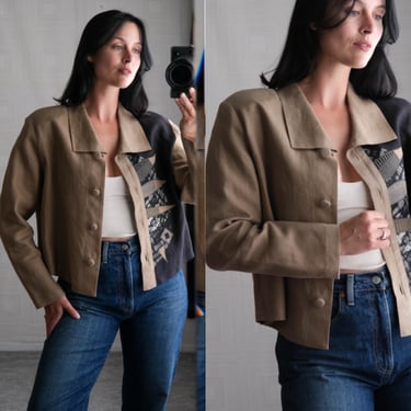 Vintage 80s BEPPA Cropped Black & Tan Jacket w/ Geometric Appliqué Design | Made in USA | 100% Linen | 1980s Designer Bohemian Folk Art Top 