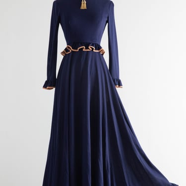 Fabulous 1970's Anne Fogarty Navy Knit Maxi Dress With Contrasting Trim / Small