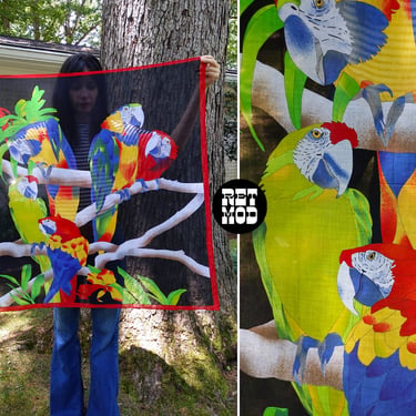 Large Tropical Red Parrot Vintage 80s Colorful Cotton Square Scarf 