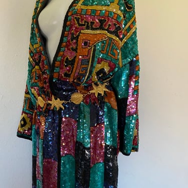 Vintage JUDITH ANN sequin and beaded duster, tribal art deco abstract long duster coat, heavily embellished vintage jacket, fits s m 