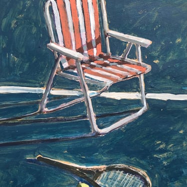 Chair on Tennis Court - Original Acrylic Painting on Paper, 11 x 15, bay area, figurative, michael van, beach, summer, striped, diebenkorn 