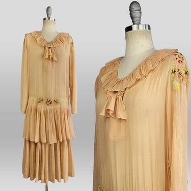 1920s Dress / 20s Day Dress / Drop Waist Chiffon Dress / Hand Embroidered Dress / 1920s Wedding Dress / Size Small Medium 