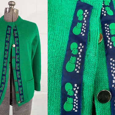 Vintage Green Cardigan Sweater Emerald Scottish Kelly Long Sleeved Deans Of Scotland 100% Wool Knit Ribbon Hippo Trim Large Medium 1970s 