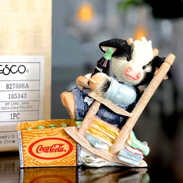 VINTAGE: 1990s - Enesco Mary's Moo Moos Figurine in Box - Coca Cola "Sit Long, Laugh Often, Drink Coke" - NIB - SKU 35-D 