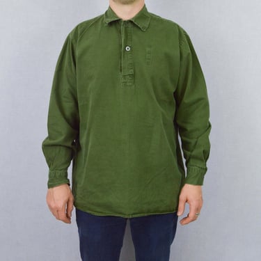 Vintage Henley Swedish Smock Shirts 1980s Button Down Grandad Collar - Soft Worn In Cotton - Green 