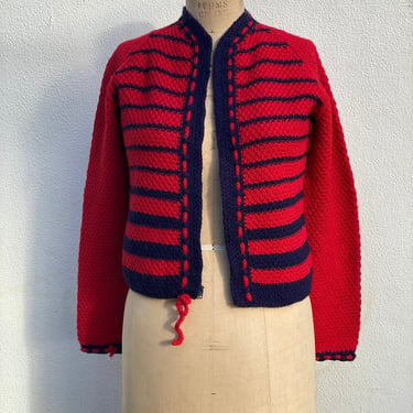 Vintage Cardigan Sweater / Hand Knit Zipper Sweater / Zip Up Knit Jacket / Sweater Cardigan / Red and Navy Stripe Knit Top 