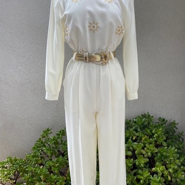 Vintage 80s cream gold jumpsuit with glam faux leather belt size 6 by California Designs Dorothy Samuel pockets lined 