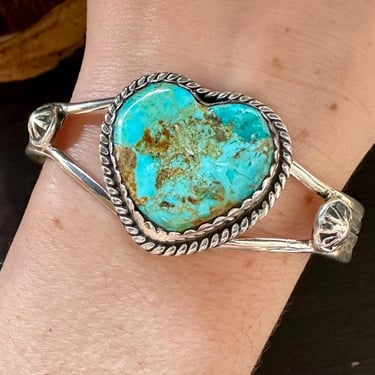 HEART of TURQUOISE and Sterling Silver Cuff | Silver Heart Bracelet | CHR Hallmark Navajo Made | Native American Southwestern Jewelry | 24g 