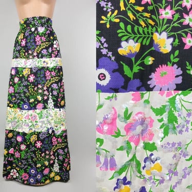 VINTAGE 70s Psychedelic Black & White Color Block Maxi Skirt With Sequins | 1970s Long Skirt In Bold Bright Floral Colors 27"  vfg 