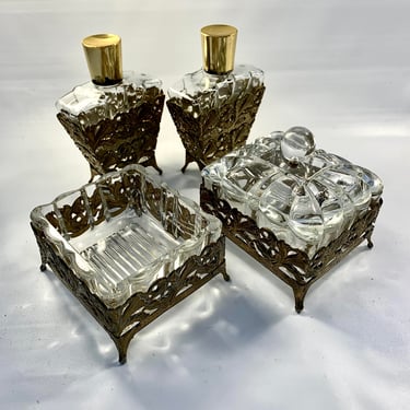 Vintage Glass and Gold Filligree Vanity Set