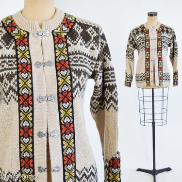 1950s Nordic 100% Virgin Wool Knit Cardigan | 50s Creme & Brown Wool Print Cardigan | Nordstvikk Norway | Small 