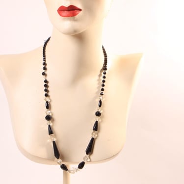 1950s Black and Clear Glass Faceted Oval and Round Beaded Necklace 