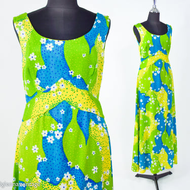 1970s Green & Yellow Print Maxi Dress | 70s Green Blue Yellow Maxi Dress | Made in California |Small 