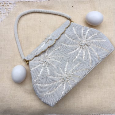 60s beaded handbag white intricate beaded purse vintage top handle hinged purse made in Hong Kong 