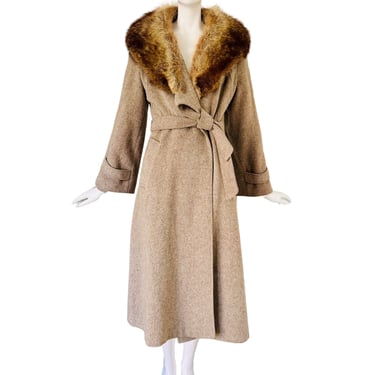 Vintage Taupe Melange Check Wool Coat w/Fox Fur Collar