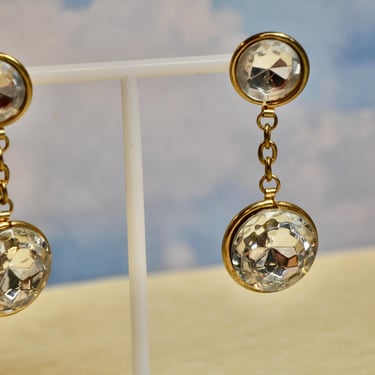 Vintage Norma Jean Designs Pierced Earrings Rivoli Austrian Cut Crystals Set in Gold Tone Metal Made In USA Gold Tone 