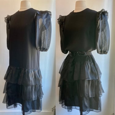 Vintage 80s RUFFLED Party Dress / Puff STATEMENT SLEEVE + Ruffled Skirt / M 