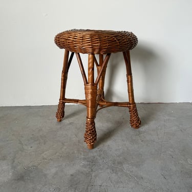 Vintage  Organic Woven Wicker rattan round low stool 