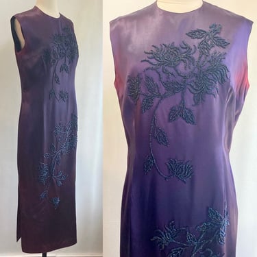 Vintage BEADED Silk Dress / CHEONGSAM Style Souvenir Gown / Purple Goth Vibes / Ombre Fade 