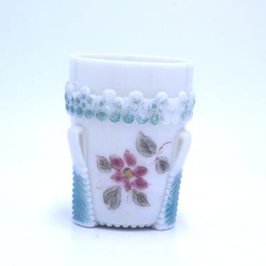 vintage Victorian Milk Glass Tumbler with Hand painted flowers 